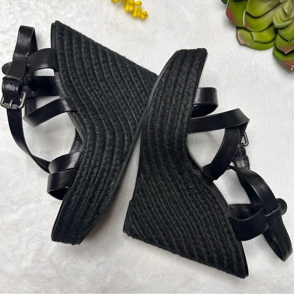 Vera Wang Lavender Leather Jute Criss Cross Espadrille Style Wedges in Black 8.5